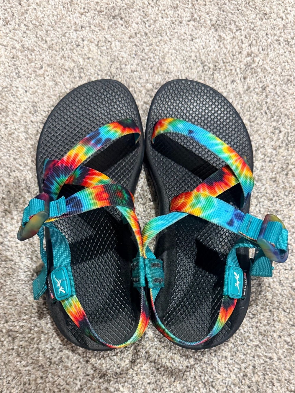 Chaco Women’s Rainbow Pride Multicolor Tie-Dye Strap Sandals with Teal Accents